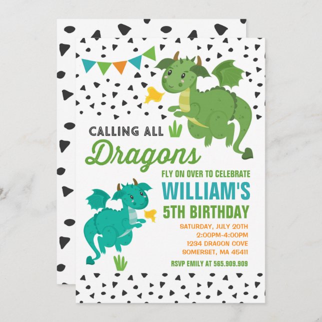 Dragon Birthday Invitation Knights & Dragons Party (Front/Back)