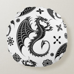 Dragon Black Shape Tattoo Style Round Cushion