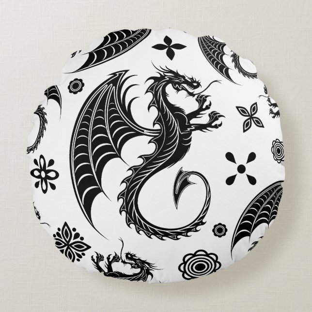 Dragon Black Shape Tattoo Style Round Cushion (Front)