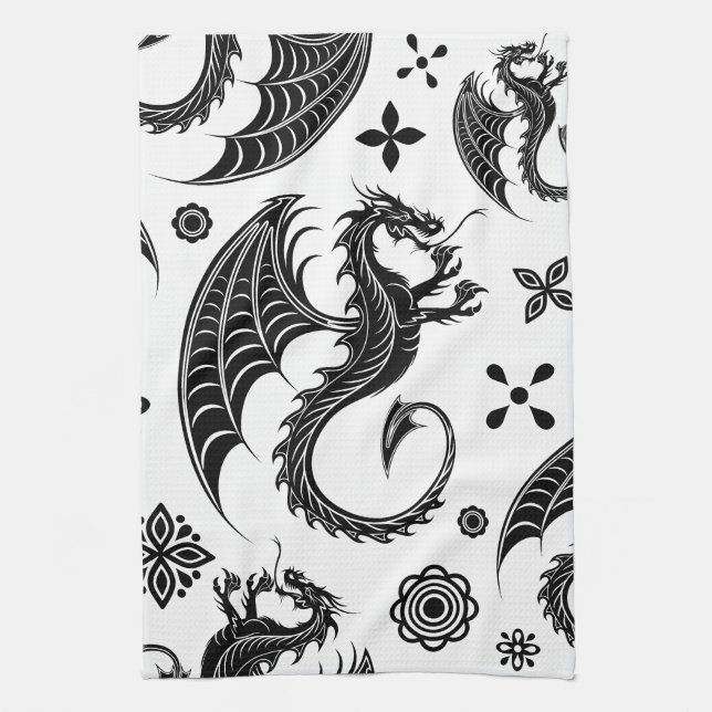 Dragon Black Shape Tattoo Style Tea Towel (Vertical)