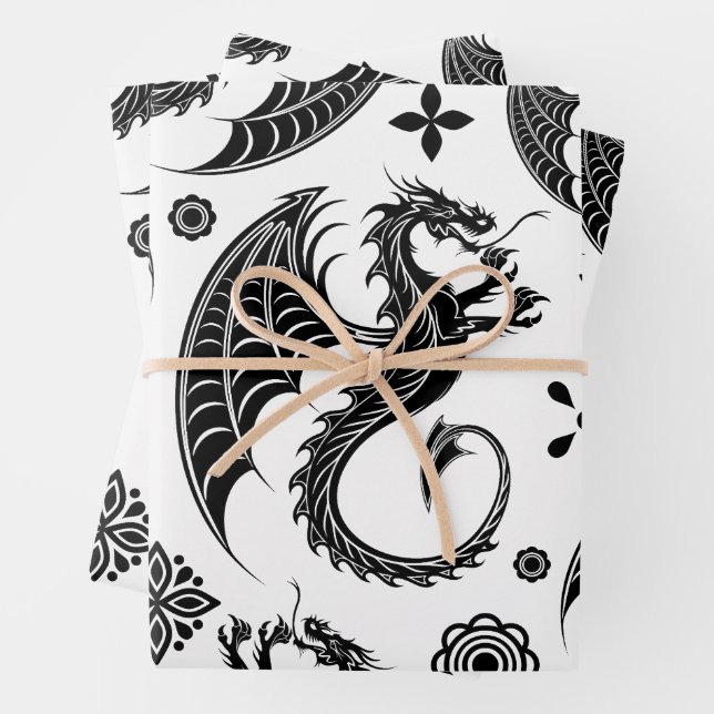 Dragon Black Shape Tattoo Style Wrapping Paper Sheet (In situ)
