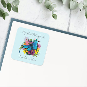 Dragon Blue Butterfly Flowers Bookplate Square Sticker