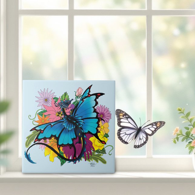 Dragon Blue Butterfly Flowers Ceramic Tile (Creator Uploaded)