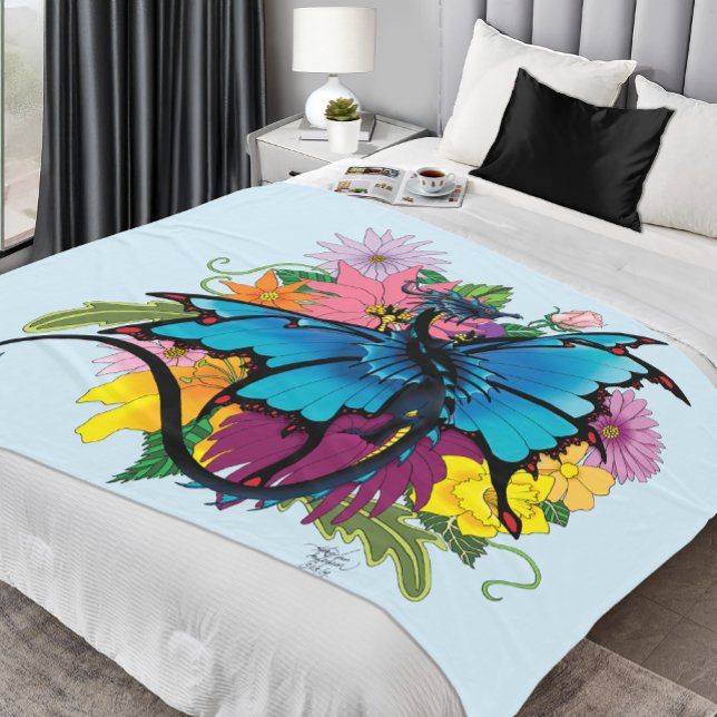 Dragon Blue Butterfly Flowers Fleece Blanket (Creator Uploaded)