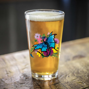 Dragon Blue Butterfly Flowers Glass