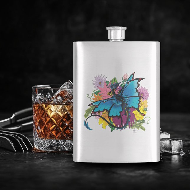 Dragon Blue Butterfly Flowers Hip Flask (Creator Uploaded)