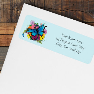 Dragon Blue Butterfly Flowers Return Address Label