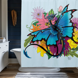 Dragon Blue Butterfly Flowers Shower Curtain