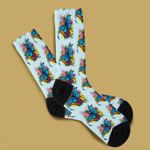 Dragon Blue Butterfly Flowers Socks