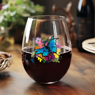 Dragon Blue Butterfly Flowers Stemless Wine Glass