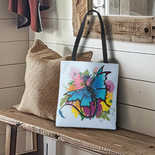 Dragon Blue Butterfly Flowers Tote Bag