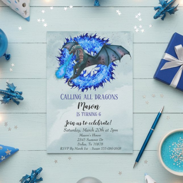 Dragon Blue Fire Serpent Birthday Party Child's Invitation (Creator Uploaded)