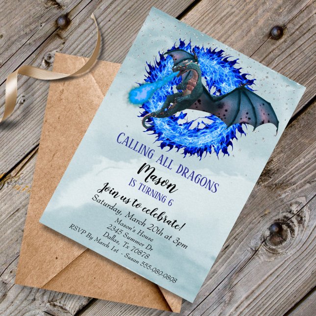 Dragon Blue Fire Serpent Birthday Party Child's Invitation (Creator Uploaded)