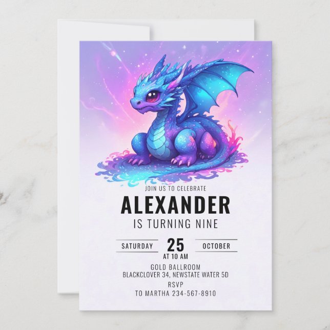 Dragon Blue Pink Birthday Party Invitation (Front)