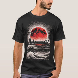 Dragon Boat Race Team Paddling In Red Moon Horizon T-Shirt
