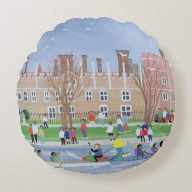 Dragon boat racing at Hampton Court 1993 Round Cushion (Front)