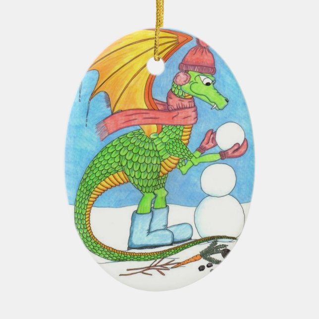 Dragon Building a Snowman Ornament (Front)