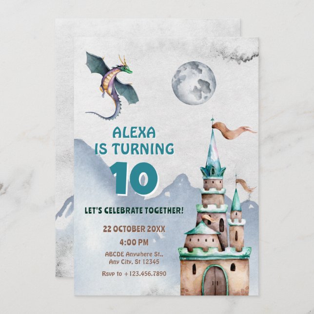 Dragon castle watercolor birthday invitation (Front/Back)