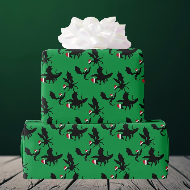 Dragon Christmas Pattern Cool Santa Hat Dragons Wrapping Paper (Creator Uploaded)