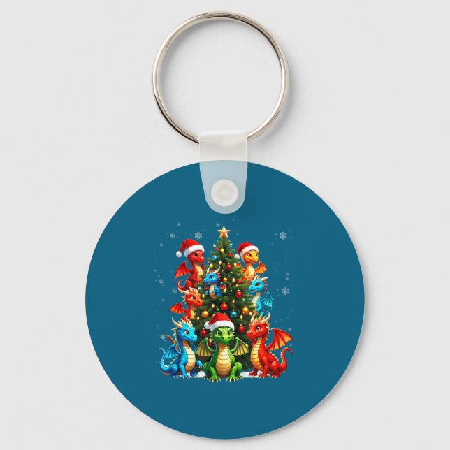 Dragon Christmas Tree Squad Santa Hat Fantasy Myth Key Ring (Front)