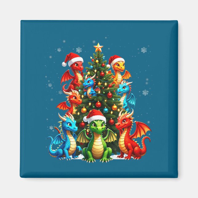 Dragon Christmas Tree Squad Santa Hat Fantasy Myth Magnet (Front)