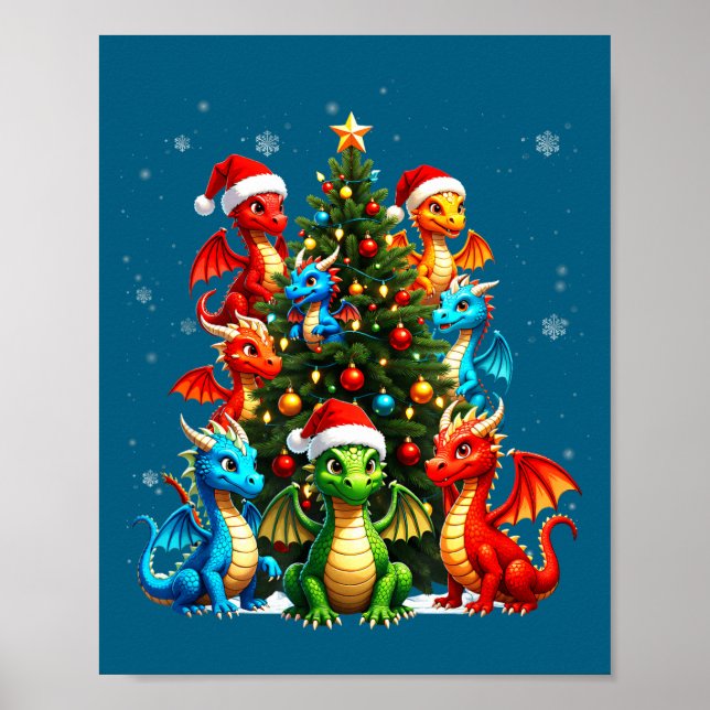 Dragon Christmas Tree Squad Santa Hat Fantasy Myth Poster (Front)