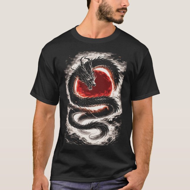 Dragon Coil over a Red Eclipse - Japanese Art T-Shirt (Front)