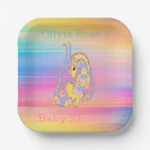 Dragon Colourful Gold Glitter Baby Shower Paper Plate