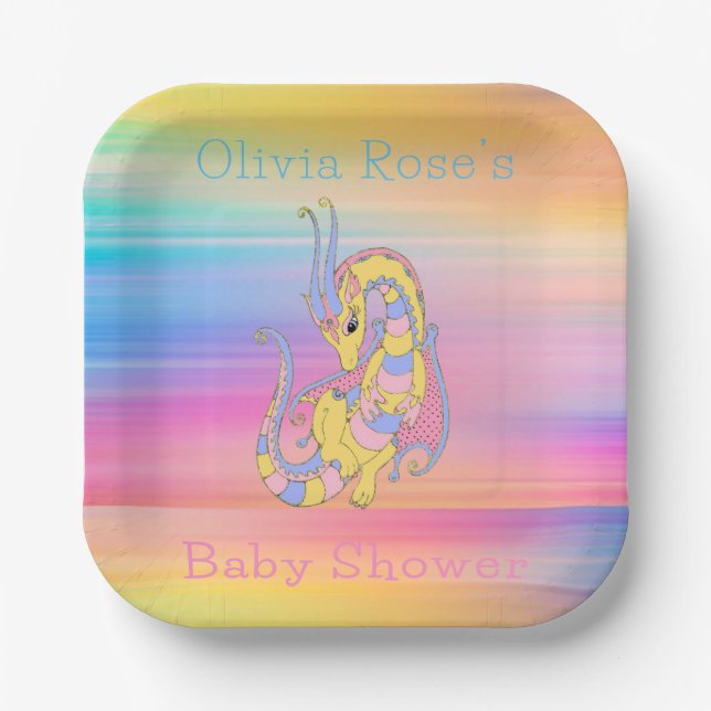 Dragon Colourful Gold Glitter Baby Shower Paper Plate (Front)