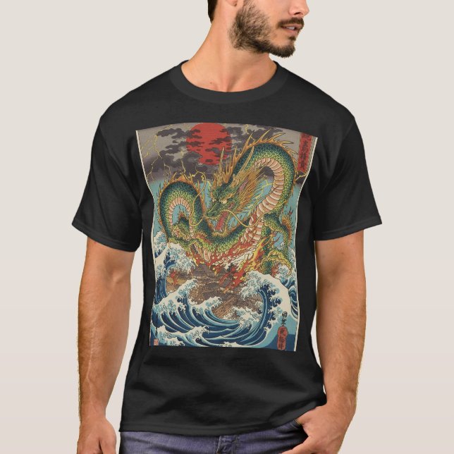 Dragon Crest in Crimson Sun Waves T-Shirt (Front)