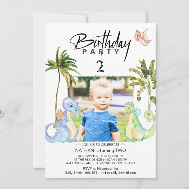 *~* Dragon Dinosaur 2 TWO AR21  Photo  Birthday  Invitation (Front)
