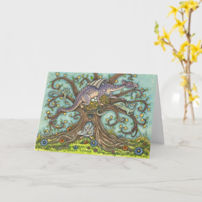 DRAGON EGGS, MEDIEVAL LAIR, FANTASY FOLK ART Blank Card (Yellow Flower)