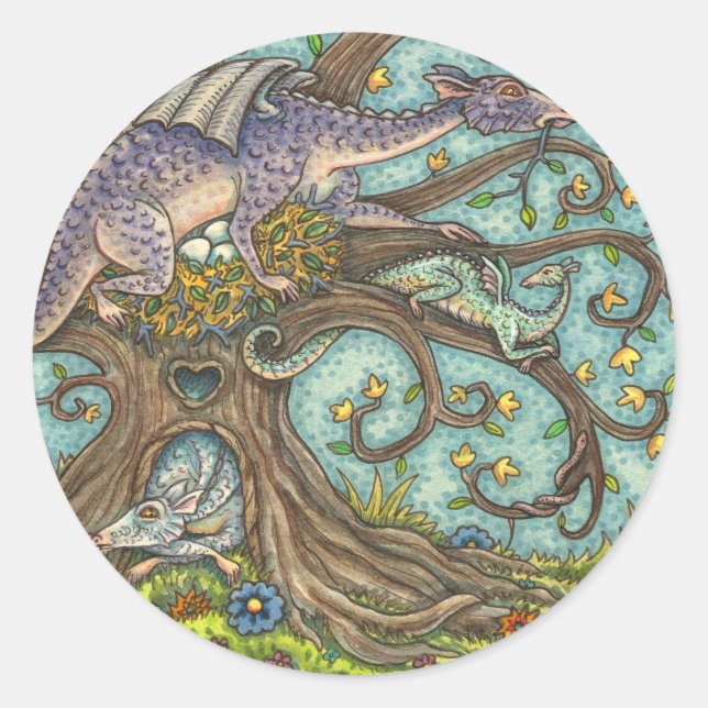DRAGON EGGS, MEDIEVAL LAIR, FANTASY FOLK ART CLASSIC ROUND STICKER (Front)