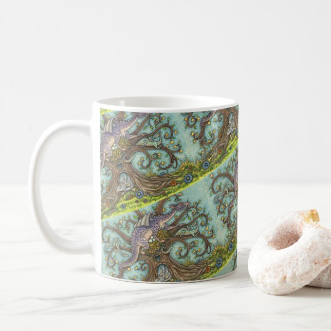 DRAGON EGGS, NEST, MEDIEVAL LAIR, FANTASY FOLK ART COFFEE MUG (With Donut)