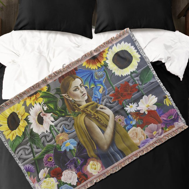 Dragon Elf Flower Garden Throw Blanket (Creator Uploaded)