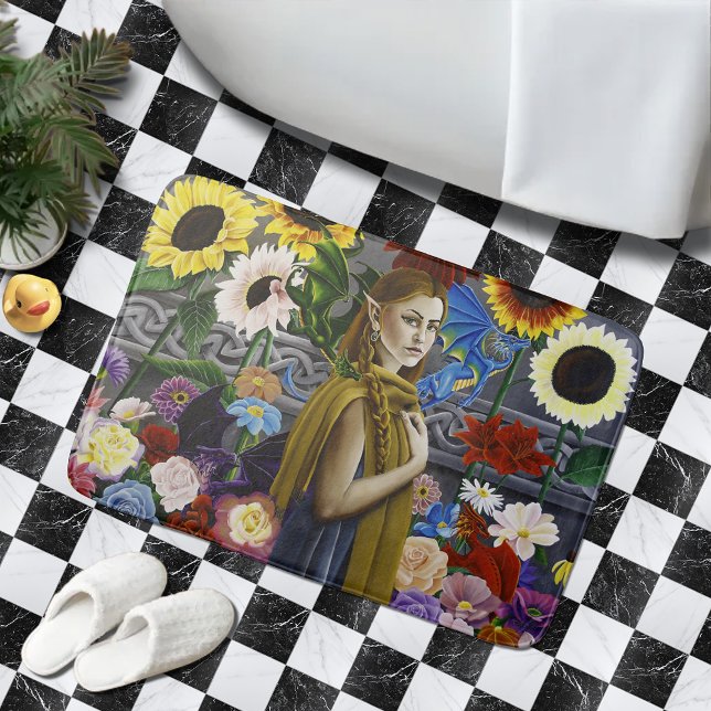 Dragon Elf Maiden Enchanted Flower Garden Fantasy Bath Mat (Creator Uploaded)