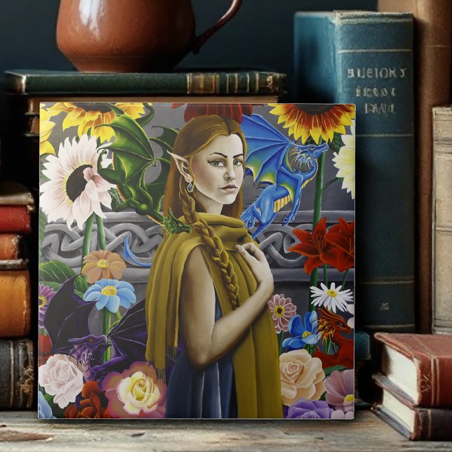Dragon Elf Maiden Enchanted Flower Garden Fantasy Ceramic Tile (Creator Uploaded)
