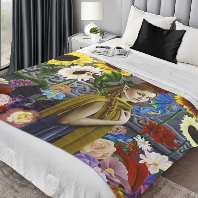 Dragon Elf Maiden Enchanted Flower Garden Fantasy Fleece Blanket (Creator Uploaded)