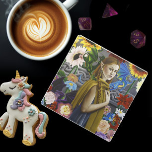 Dragon Elf Maiden Enchanted Flower Garden Fantasy Glass Coaster