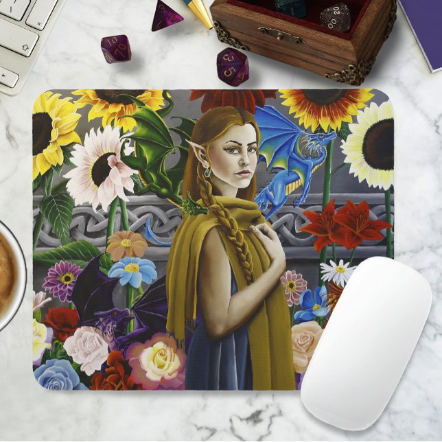 Dragon Elf Maiden Enchanted Flower Garden Fantasy Mouse Pad (Creator Uploaded)