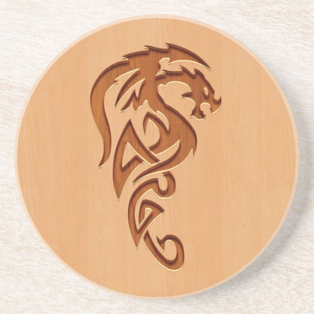Dragon engraved on wood effect coaster (Front)
