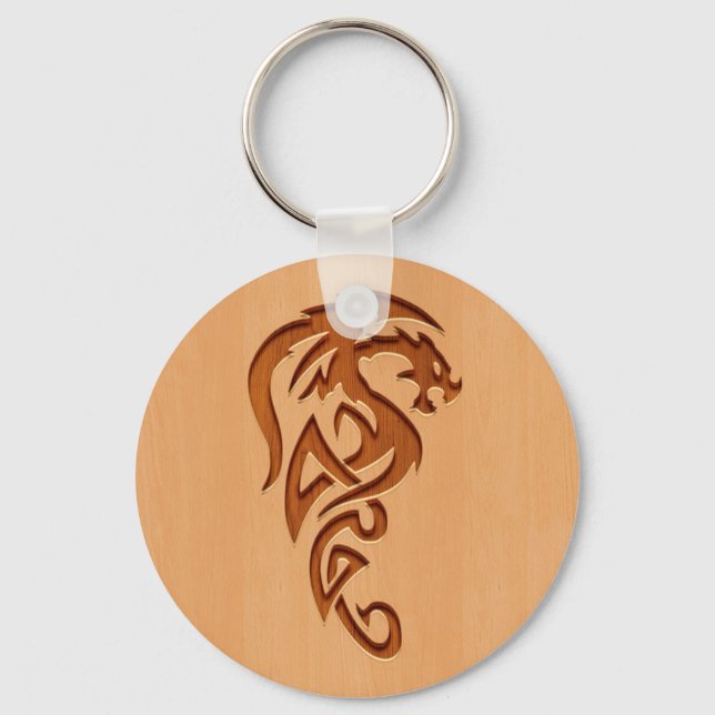 Dragon engraved on wood effect key ring (Front)