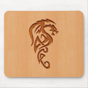 Dragon engraved on wood effect mouse pad