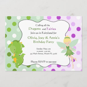 Dragon Fairy Purple Green Birthday Invite