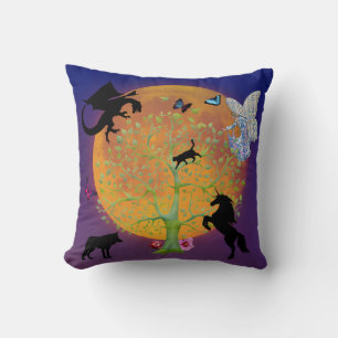 Dragon Fairy Unicorn Fantasy Tree and Full Moon  Cushion