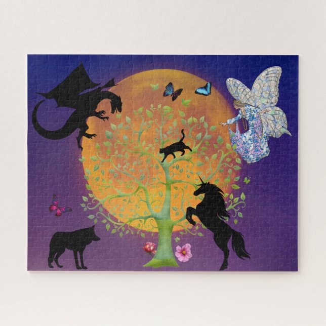Dragon Fairy Unicorn Fantasy Tree and Full Moon Jigsaw Puzzle (Horizontal)