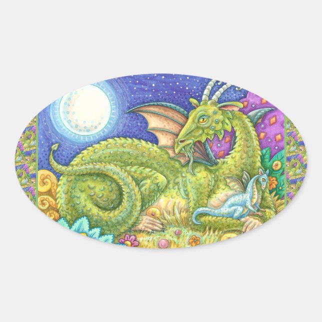 DRAGON FAMILY NEXT GENERATION, WHIMSICAL FANTASY OVAL STICKER (Front)