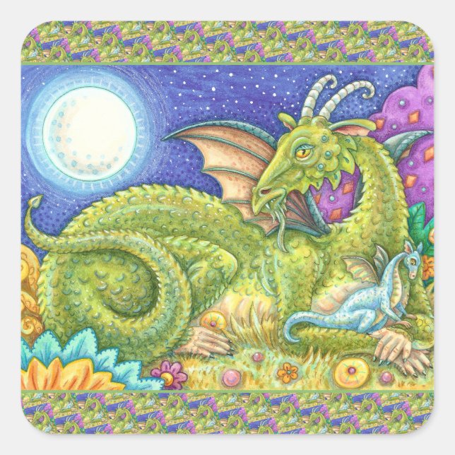 DRAGON FAMILY NEXT GENERATION, WHIMSICAL FANTASY SQUARE STICKER (Front)