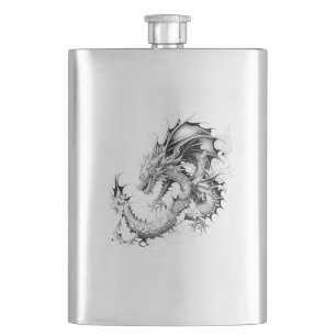 Dragon Fantasy Wild Animal Illustration Art Tattoo Hip Flask