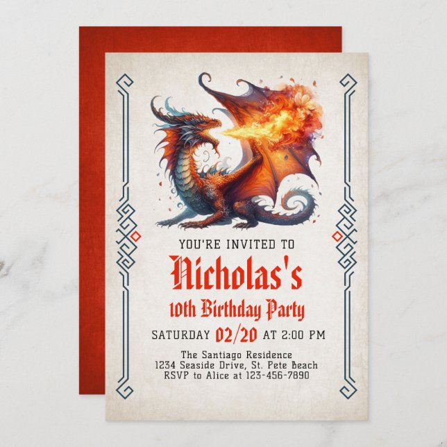 Dragon Fire Fantasy Birthday Invitation (Front/Back)